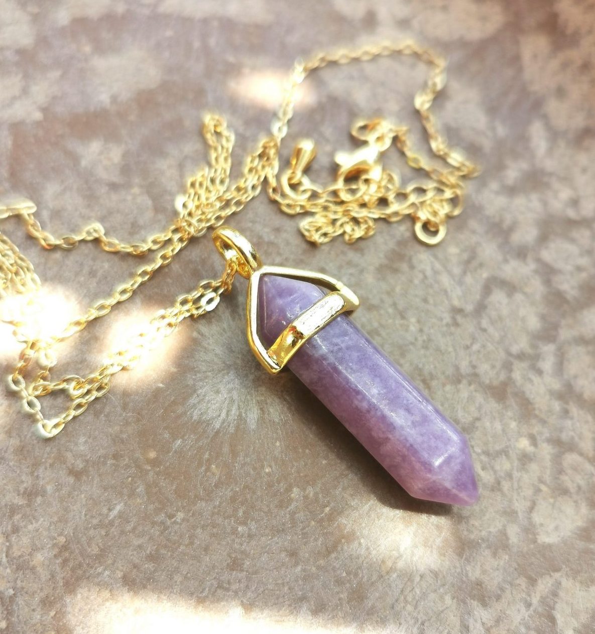 Collier double pointe de cristal jaspe violet