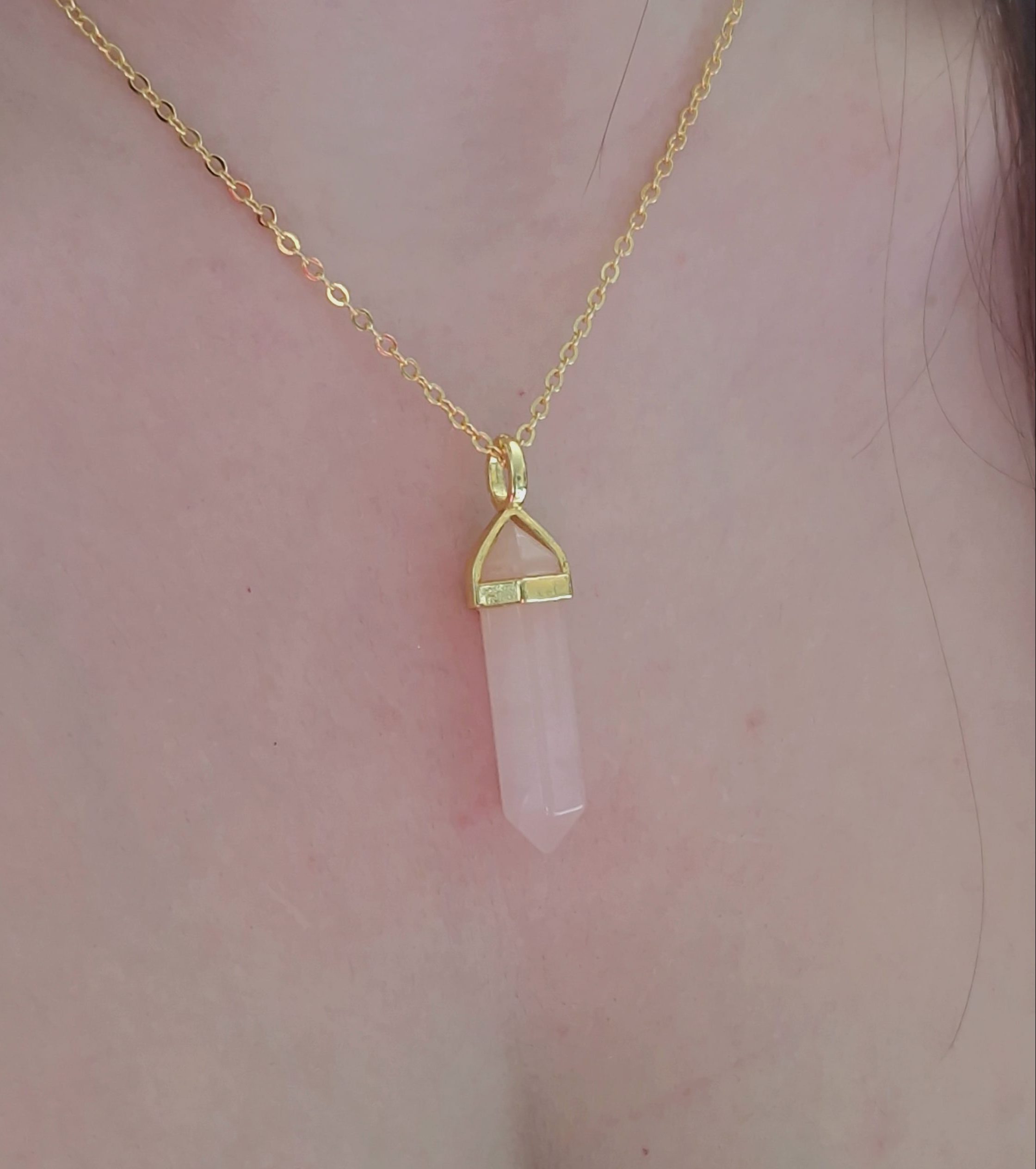 Collier double pointe de cristal quartz rose