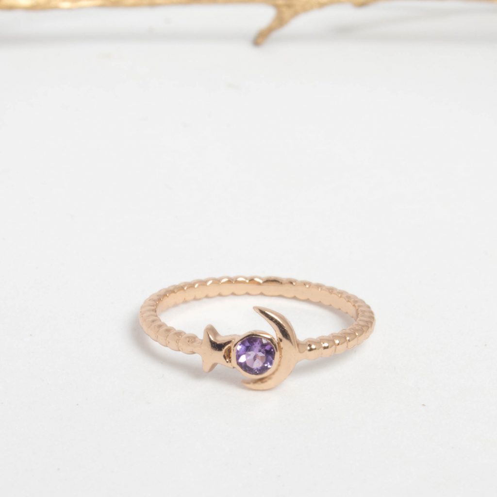 Mini bague pour femme argent doré or rose et améthyste-AlexBok création bijoux pour femme en pierres naturelles