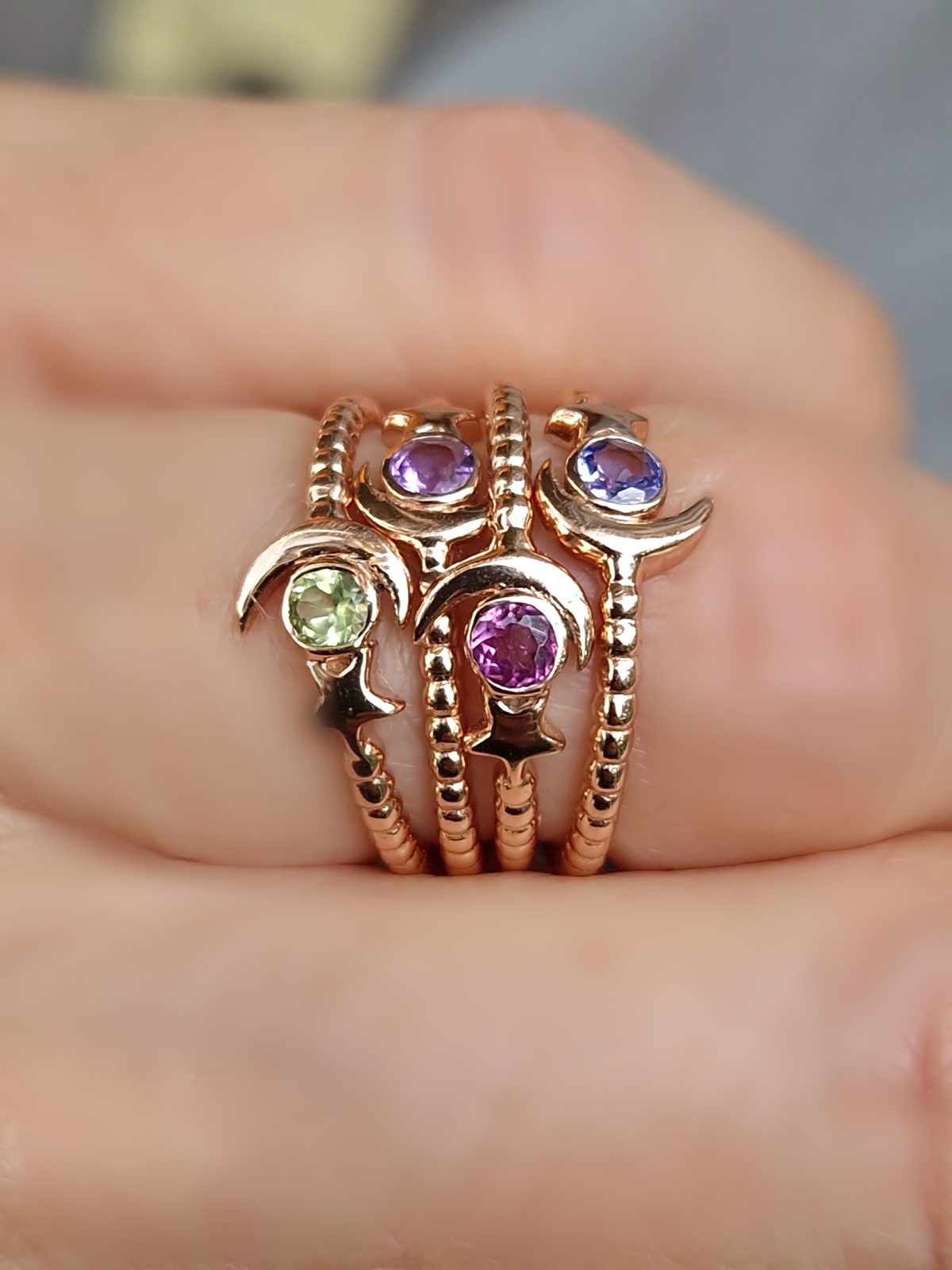 Bagues Starmoon argent doré or rose, améthyste, grenat rhodolite, tanzanite et péridot