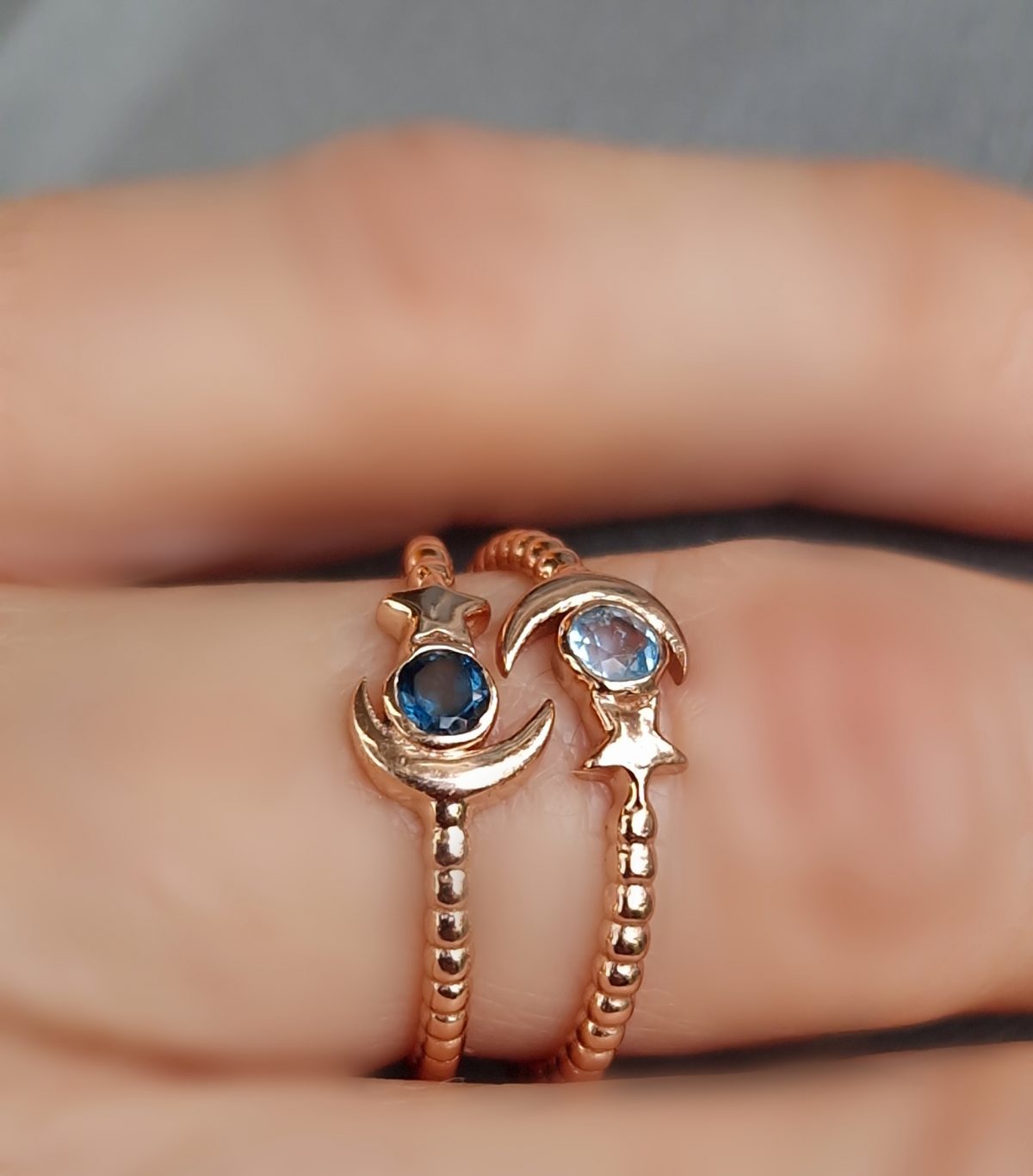 Bagues Starmoon argent doré or rose, topaze blue london et topaze swiss blue