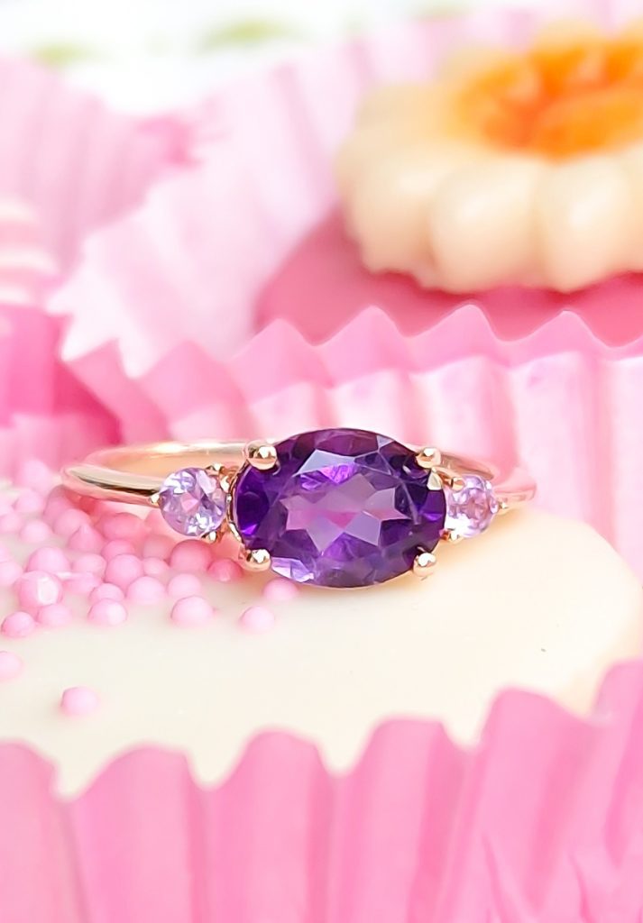 Bague raffinée pour femme argent 925 doré or rose et améthyste-AlexBok création bijoux pour femme en pierres naturelles