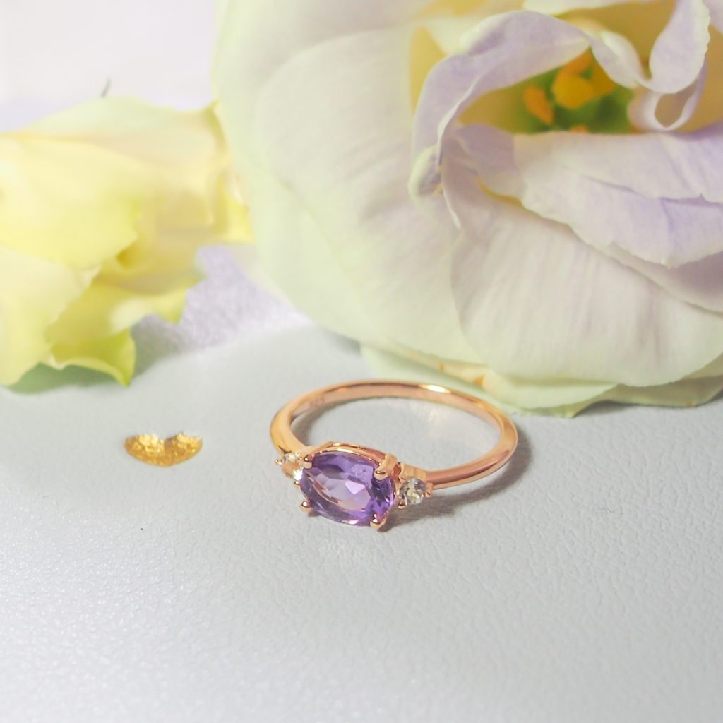 Bague pour femme argent doré or rose, améthyste lavande et topaze incolore-AlexBok création bijoux femme en pierres naturelles