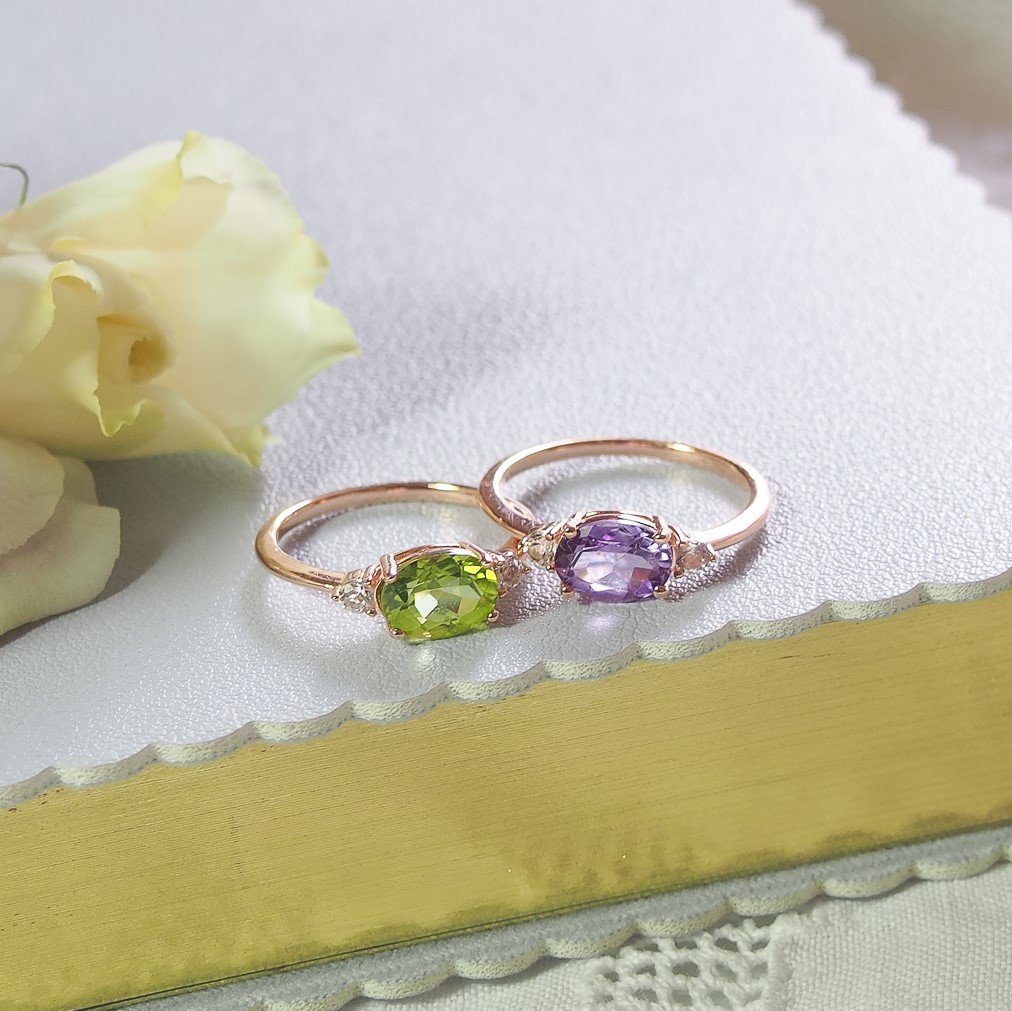 Bagues Délicieuse argent 925 doré or rose, améthyste lavande et prasiolite