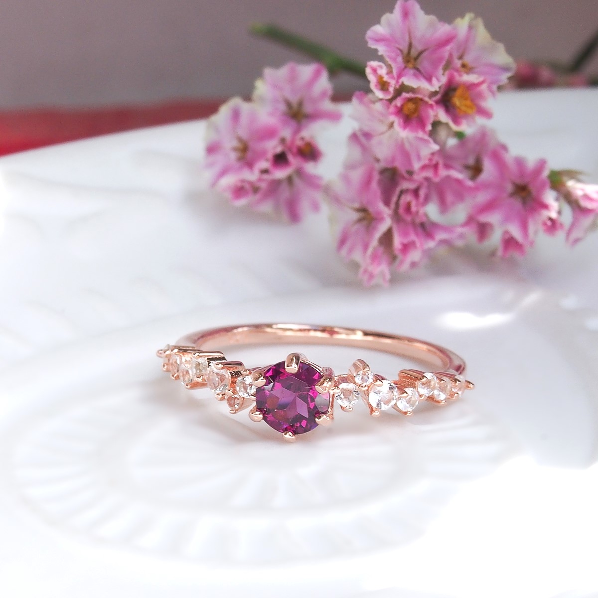 Bague Aurore argent doré or rose et grenat rhodolite