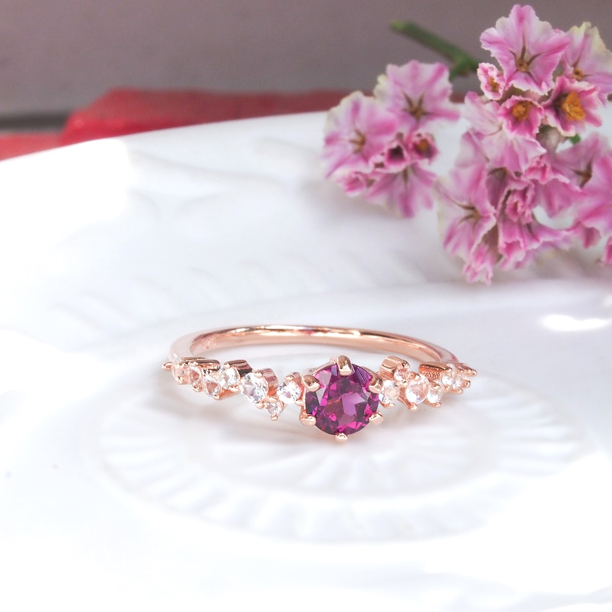 Bague Aurore argent doré or rose et grenat rhodolite