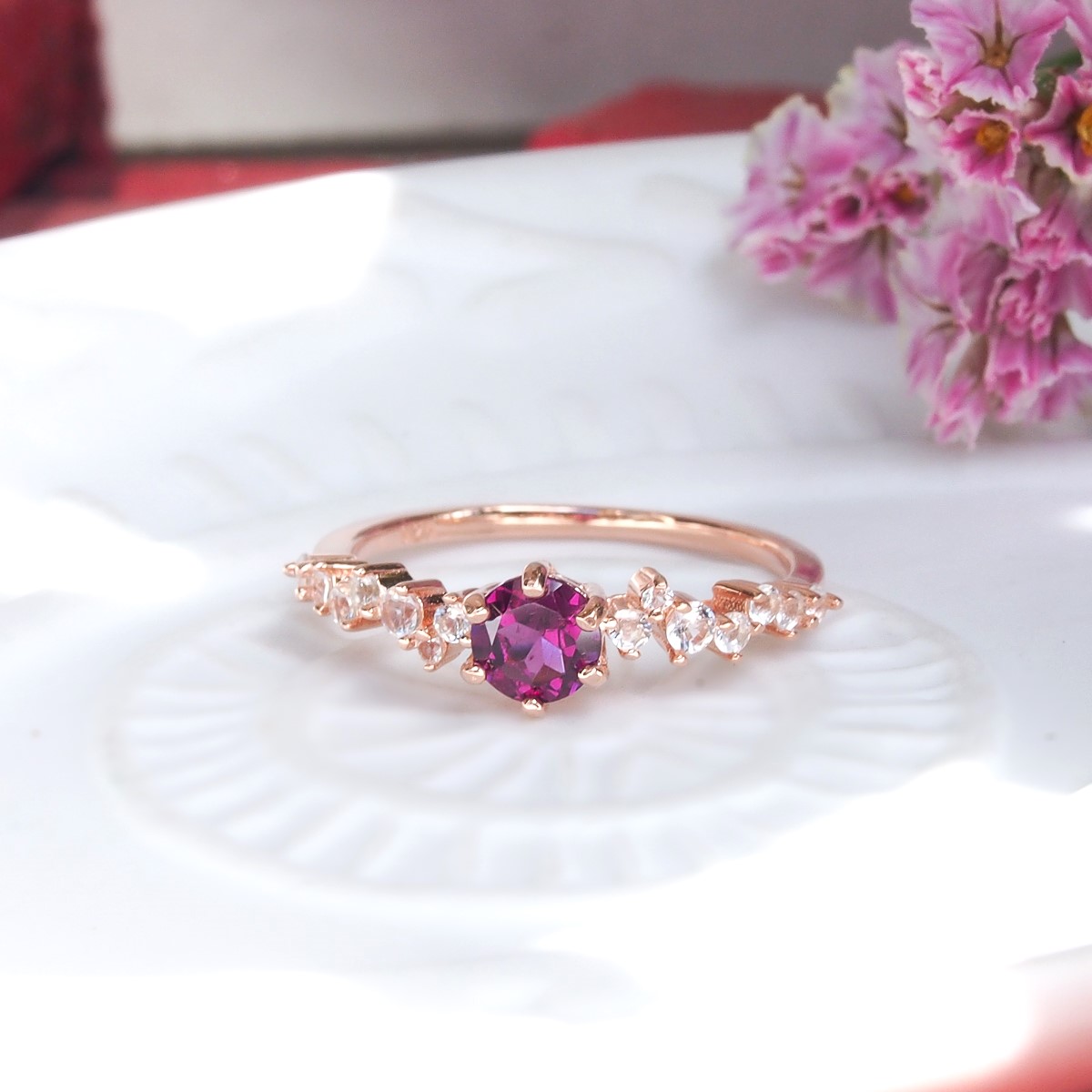 Bague Aurore argent doré or rose et grenat rhodolite