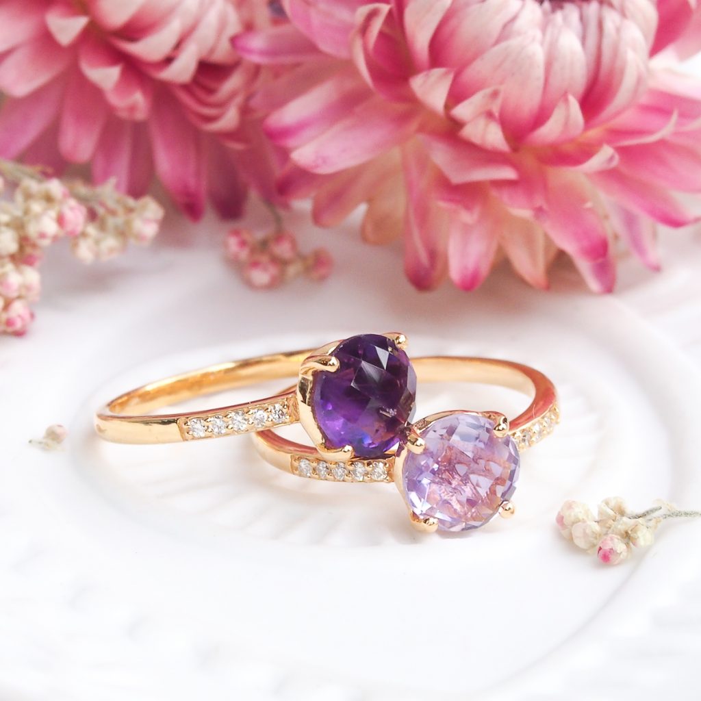 Plusieurs bagues en améthyste et améthyste lavande serties de diamants-AlexBok création de bijoux pour femme en pierres naturelles