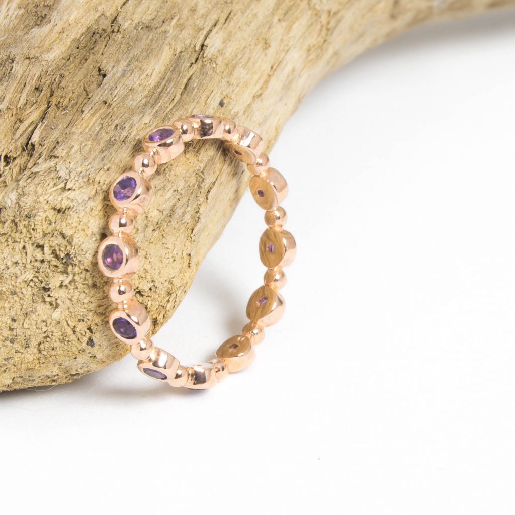 Bague anneau pour femme en argent 925 doré or rose et améthyste-AlexBok création de bijoux pour femme en pierres naturelles