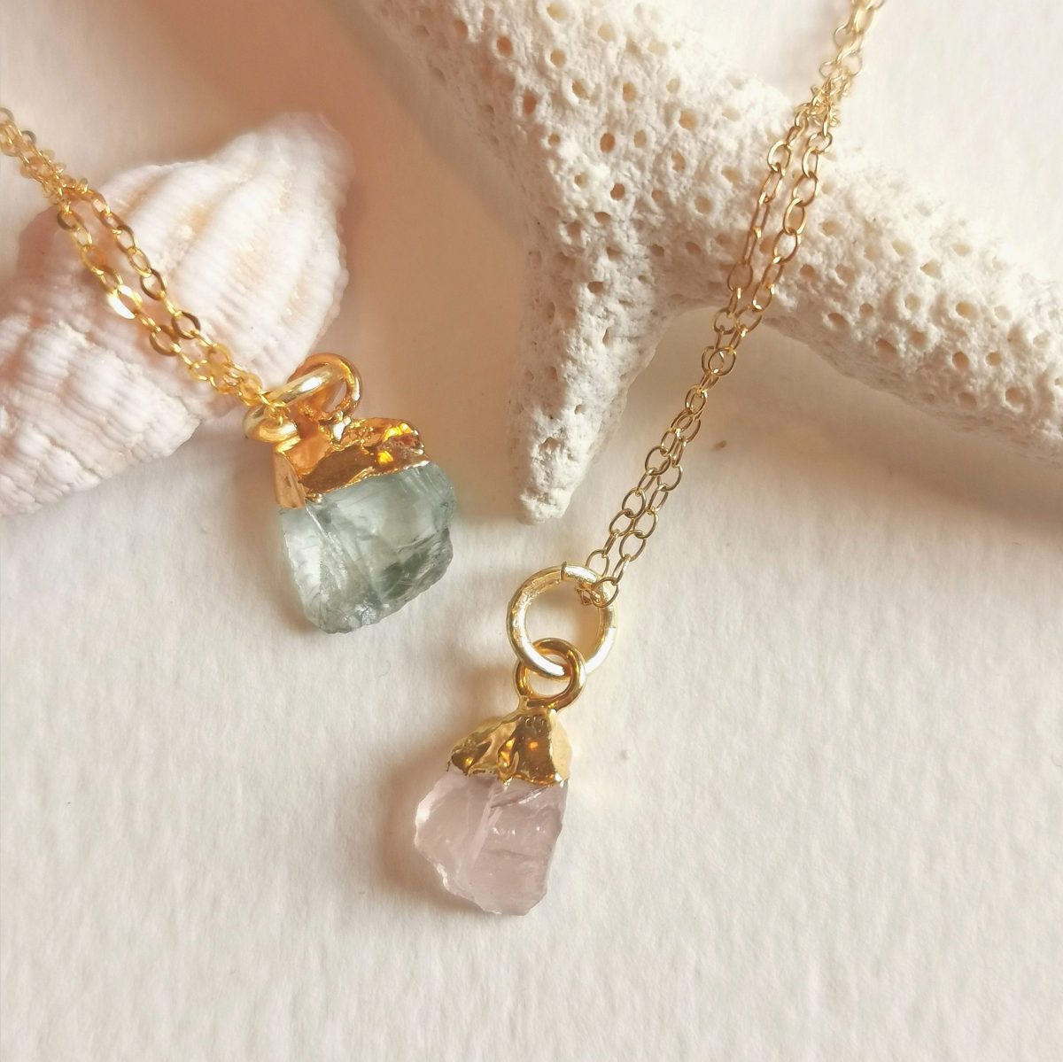 Colliers Esprit libre chaîne aigue marine et quartz rose