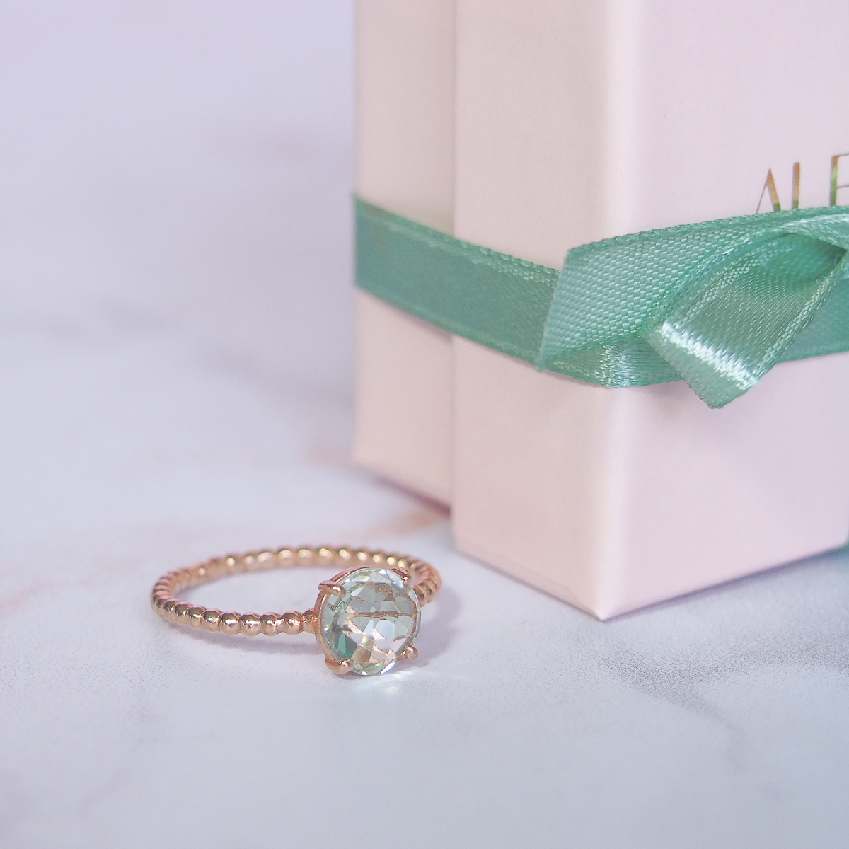 Bague Pompon argent doré or rose et prasiolite-AlexBok gemmologue et créatrice de bijoux en pierres naturelles