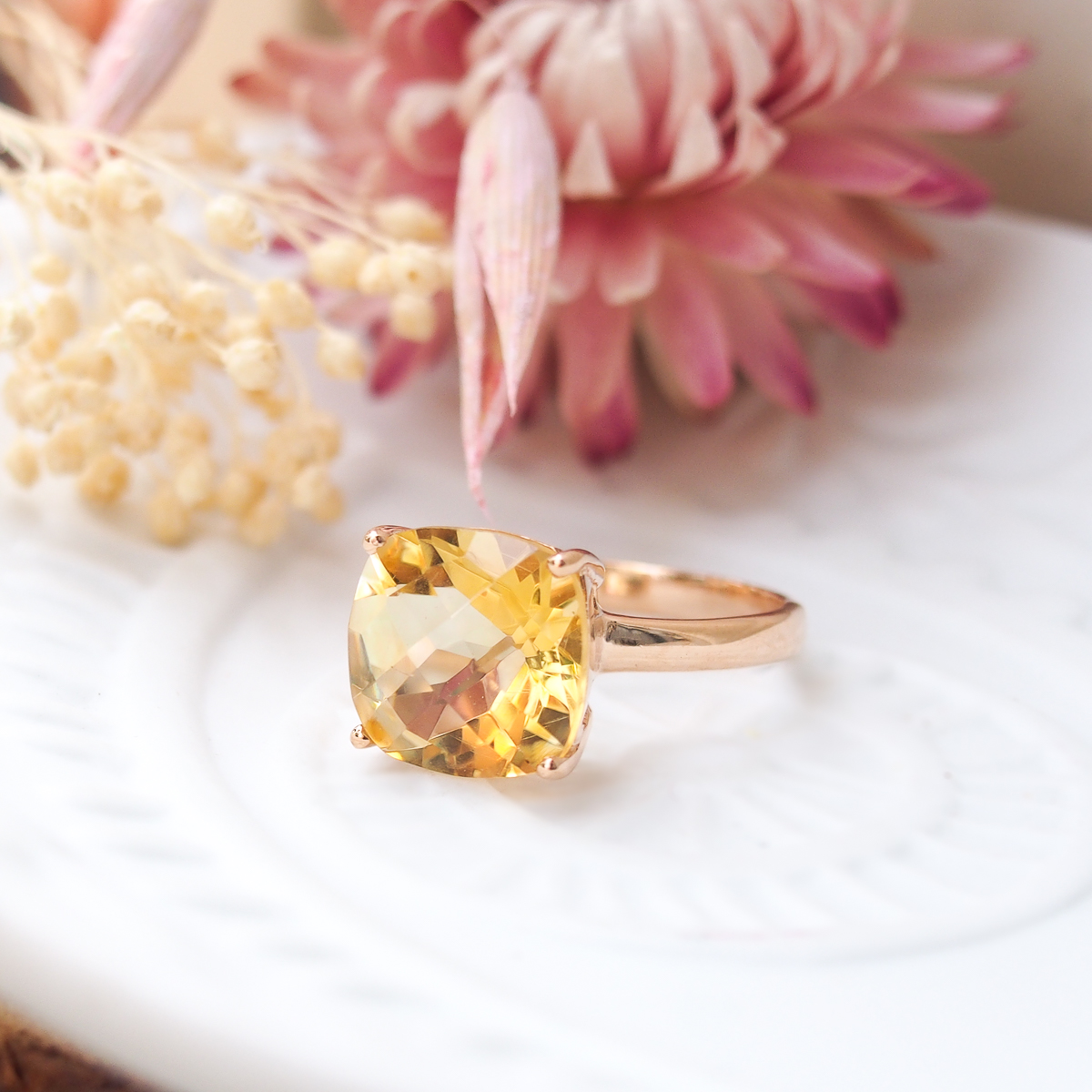 Bague Solitaire argent doré or rose et citrine Bague Solitaire argent doré or rose et citrine