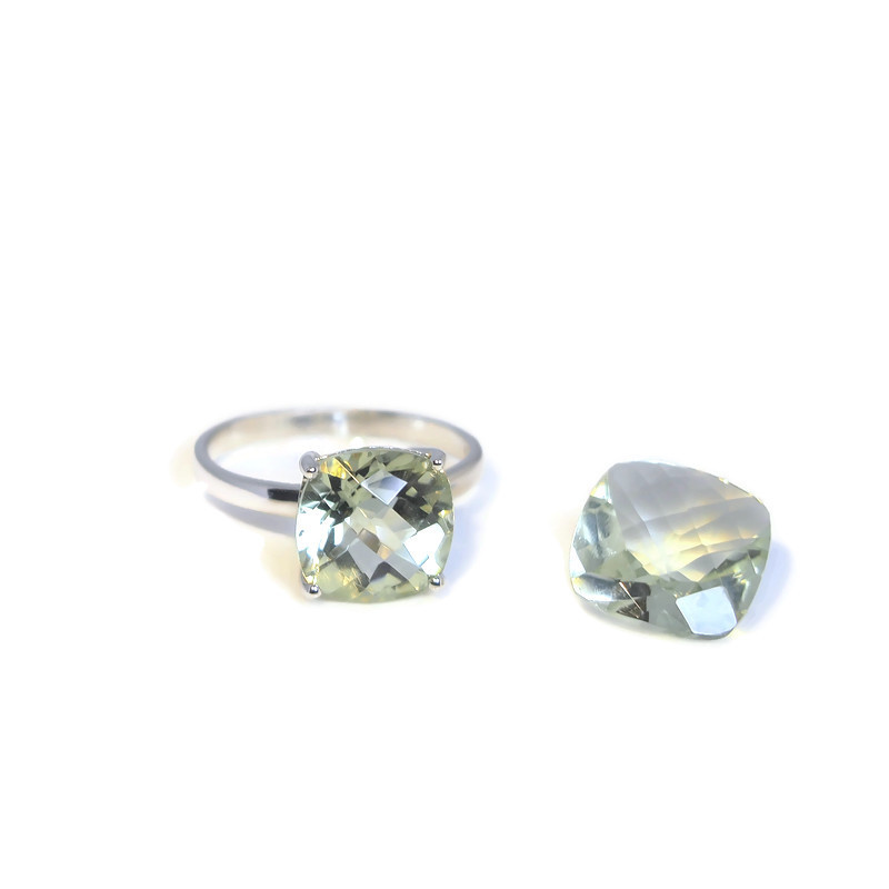 Bague Solitaire pour femme en argent 925 rhodié sertie d'une pierre fine prasiolite forme coussin