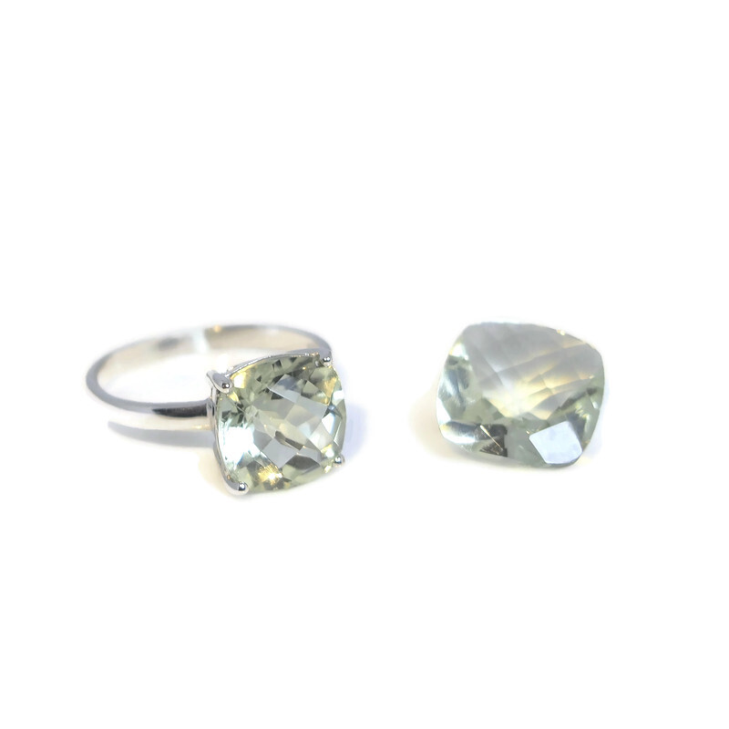 Bague Solitaire argent 925 rhodié et prasiolite