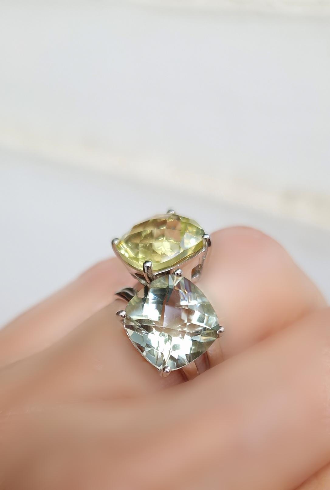 Bagues Solitaire argent 925 rhodié, prasiolite et quartz vert.