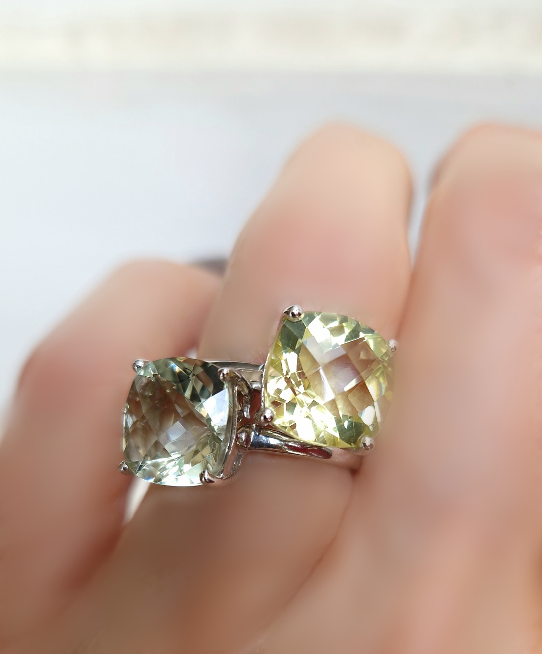 Bagues Solitaire argent 925 rhodié, prasiolite et quartz vert.