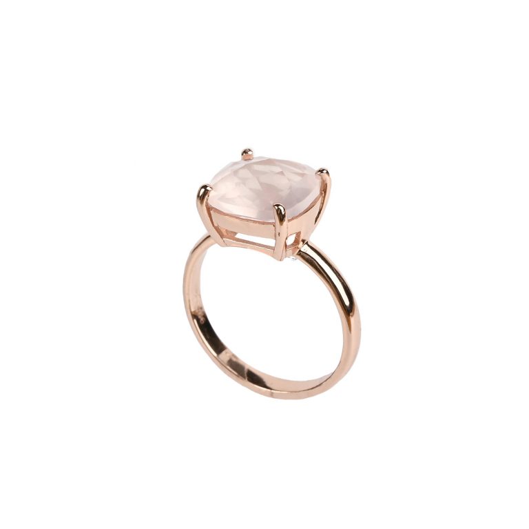 Bague Solitaire pour femme en argent 925 doré or rose et quartz rose forme coussin