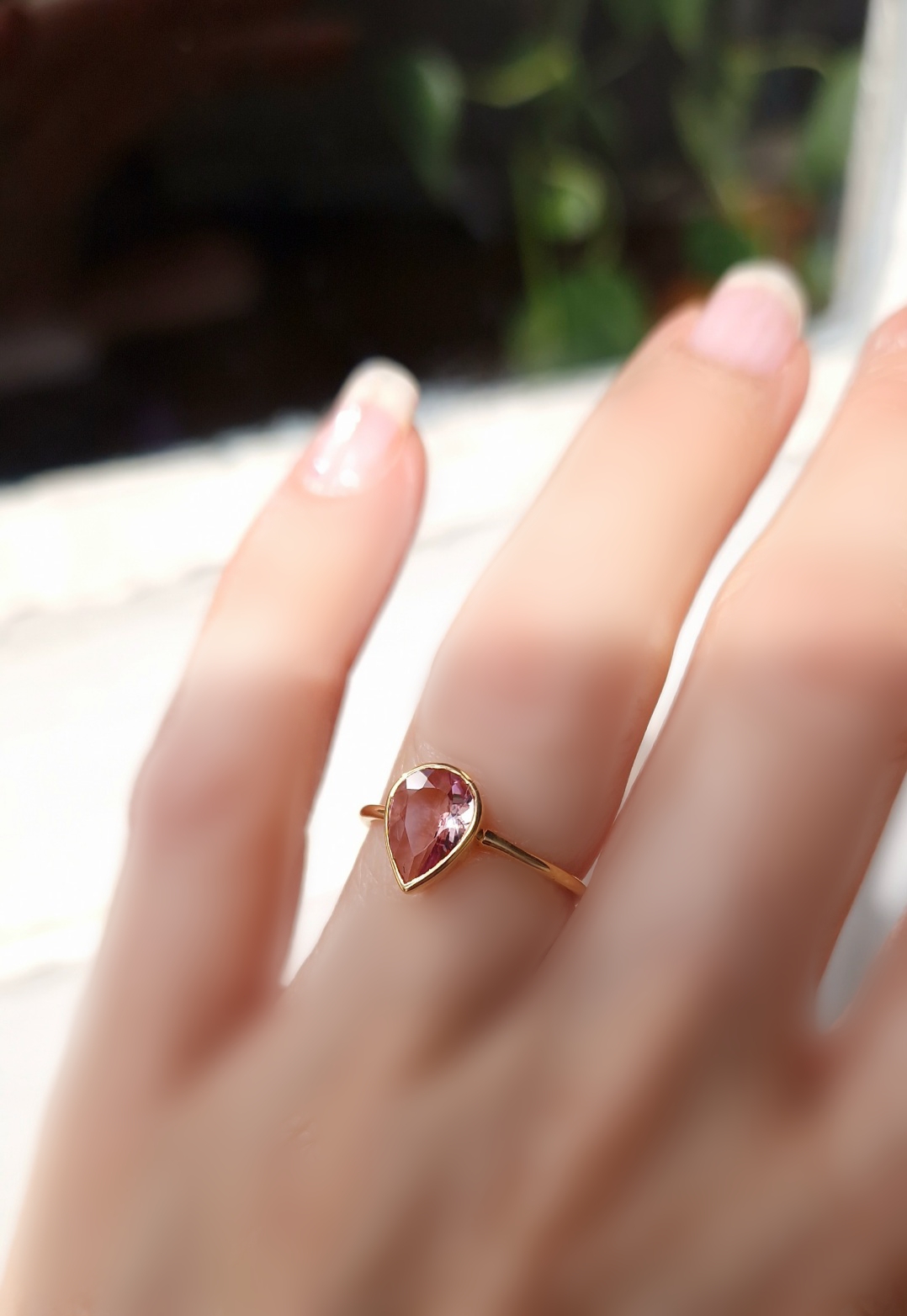 Bague Pétale argent 925 doré et tourmaline rose poire