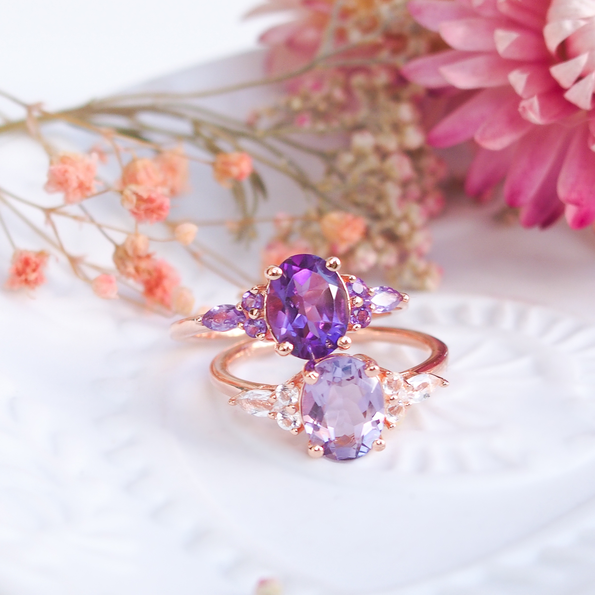 Bagues Divine argent doré or rose, améthyste et améthyste lavande