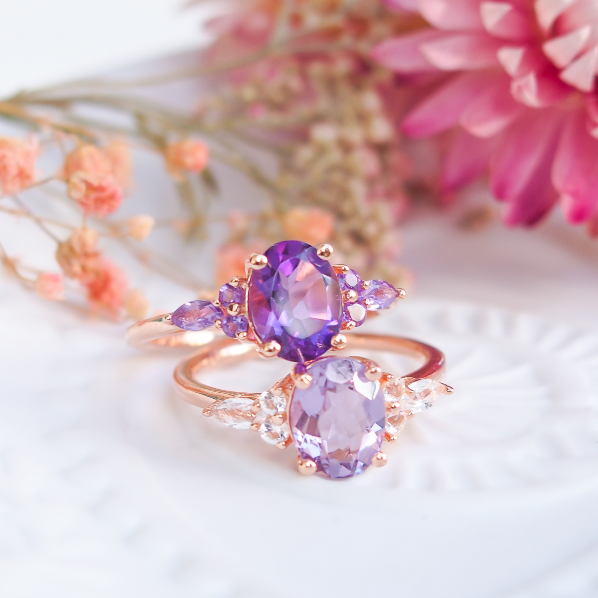 Bagues Divine argent doré or rose, améthyste et améthyste lavande