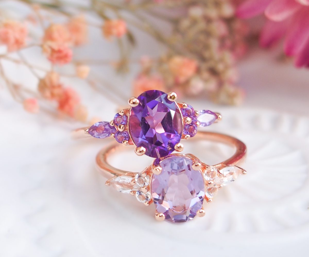 Bagues Divine argent doré or rose, améthyste et améthyste lavande-AlexBok création bijoux pierres naturelles