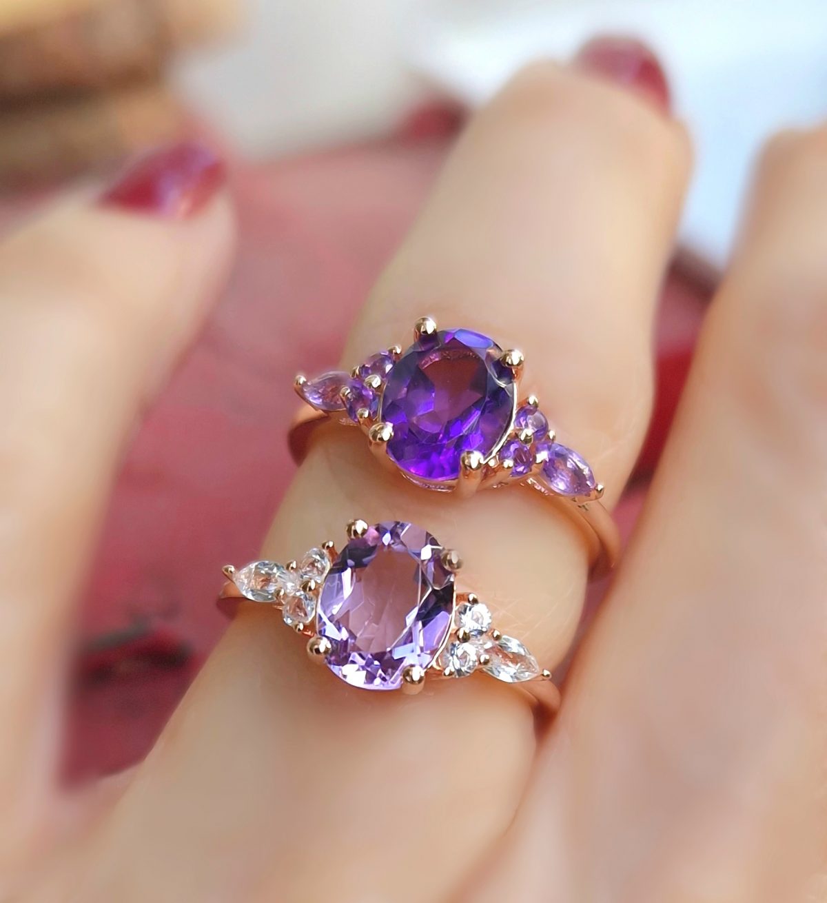 Bagues Divine argent doré or rose, améthyste et améthyste lavande