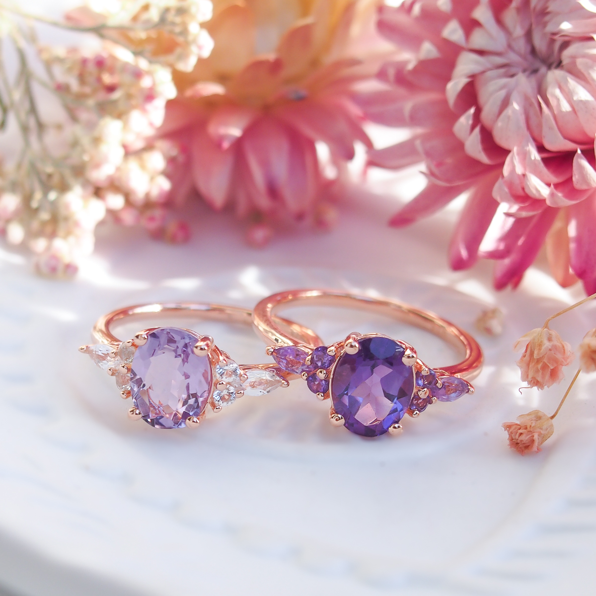 Bagues Divine argent doré or rose, améthyste et améthyste lavande