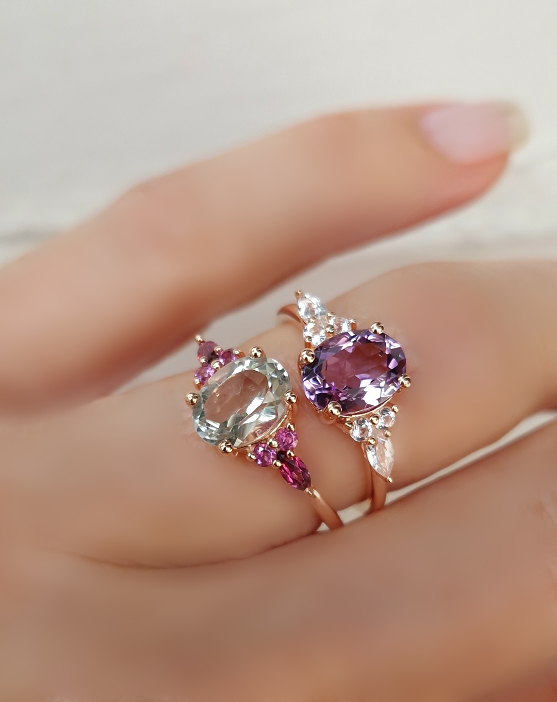 Bagues Divine argent doré or rose, améthyste lavande et  prasiolite