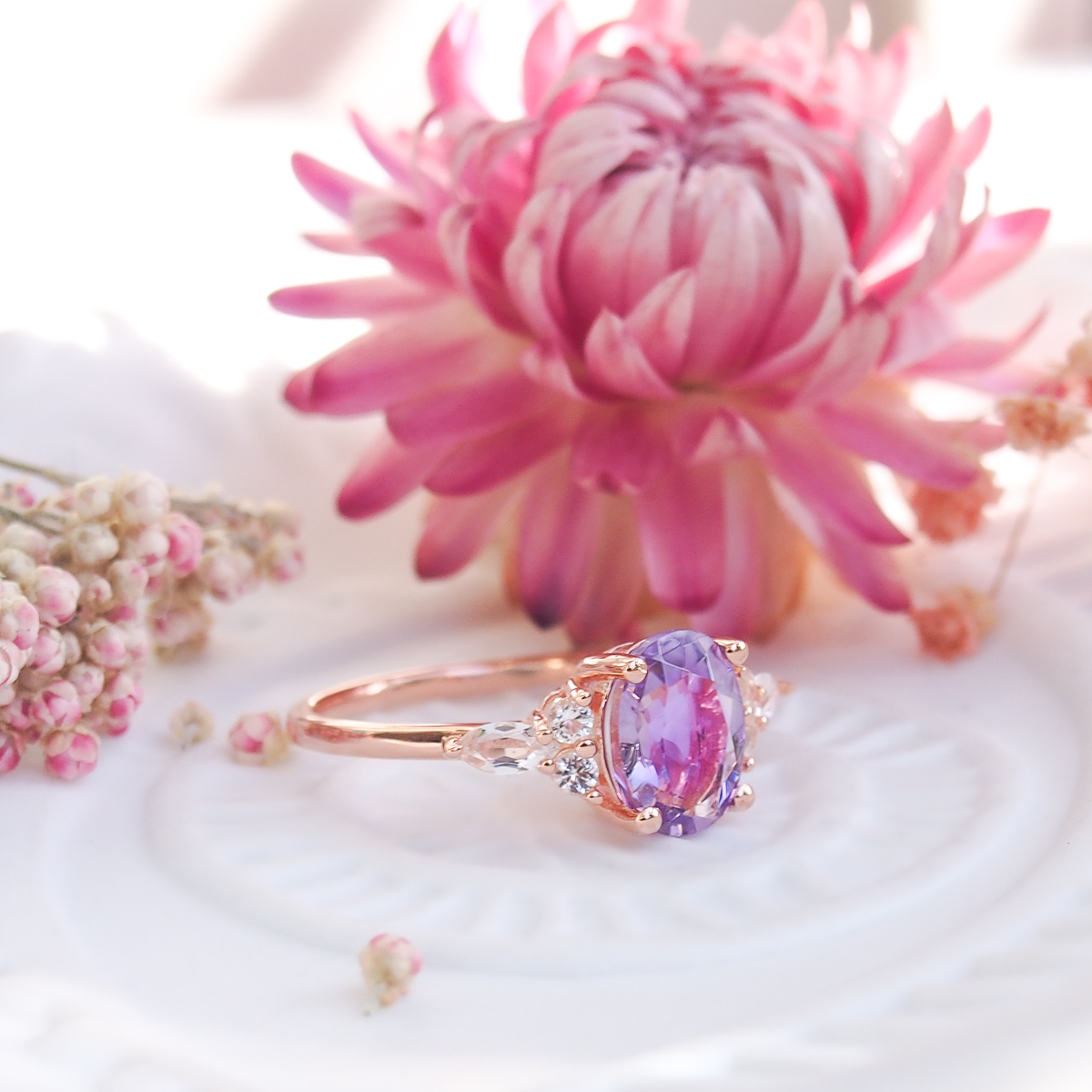 Bague Divine argent doré or rose, améthyste  lavande