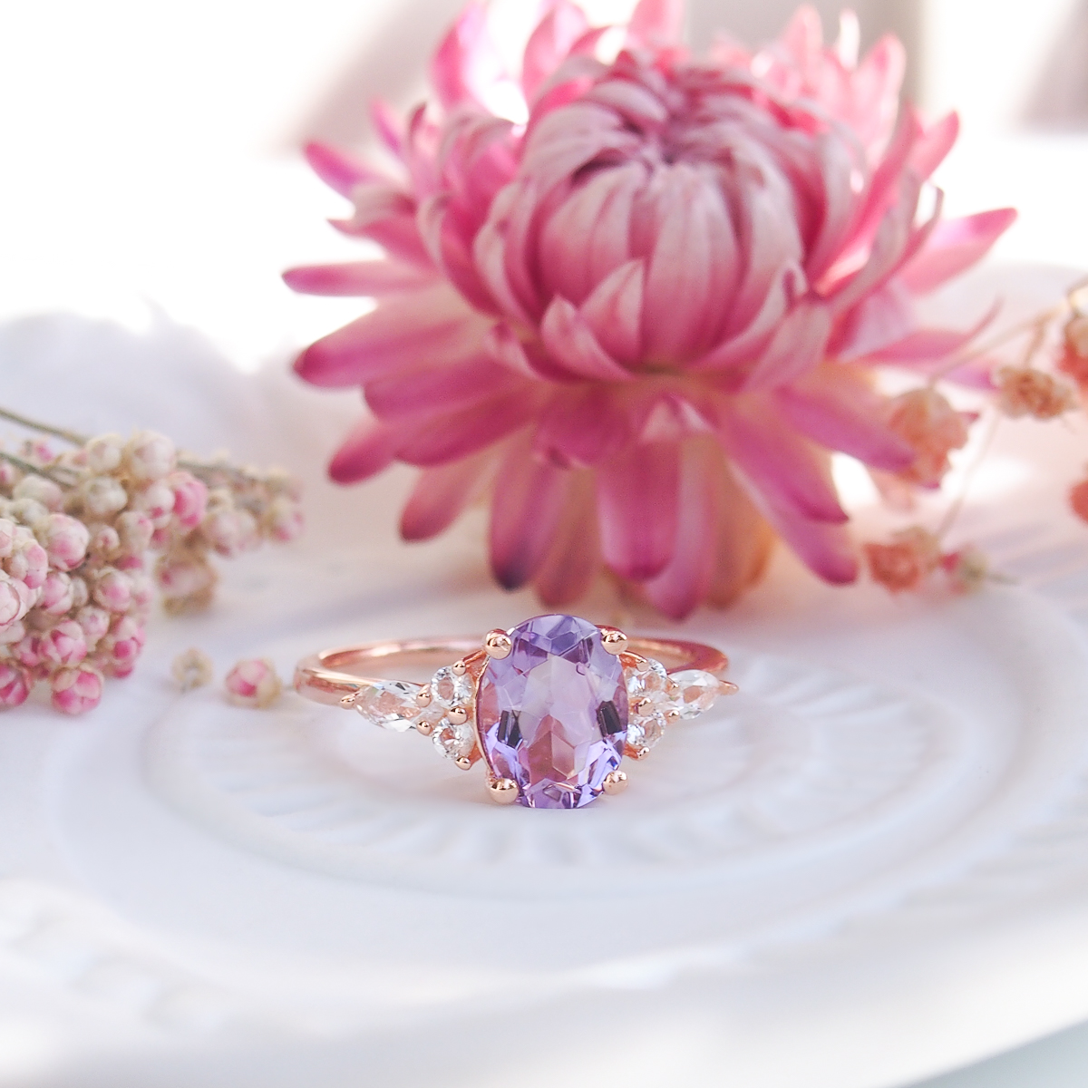 Bague Divine argent doré or rose, améthyste  lavande