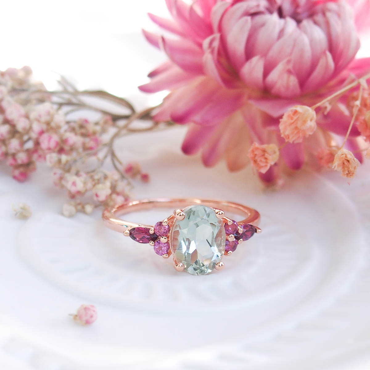 Bague Divine argent doré or rose prasiolite