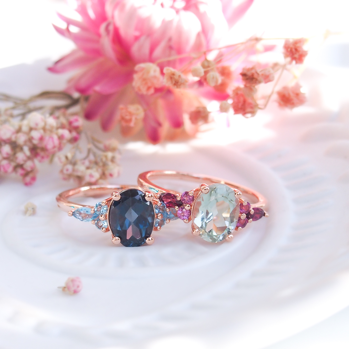 Bagues Divine argent doré or rose topaze blue london et prasiolite