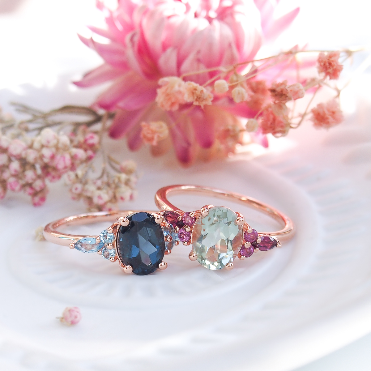 Bagues Divine argent doré or rose topaze blue london  et prasiolite