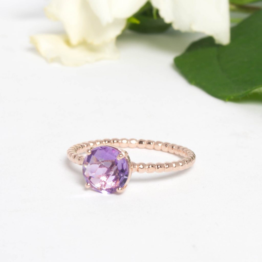 Bague pour femme en argent 925 doré or rose et améthyste lavande-AlexBok création de bijoux femme en pierres naturelles