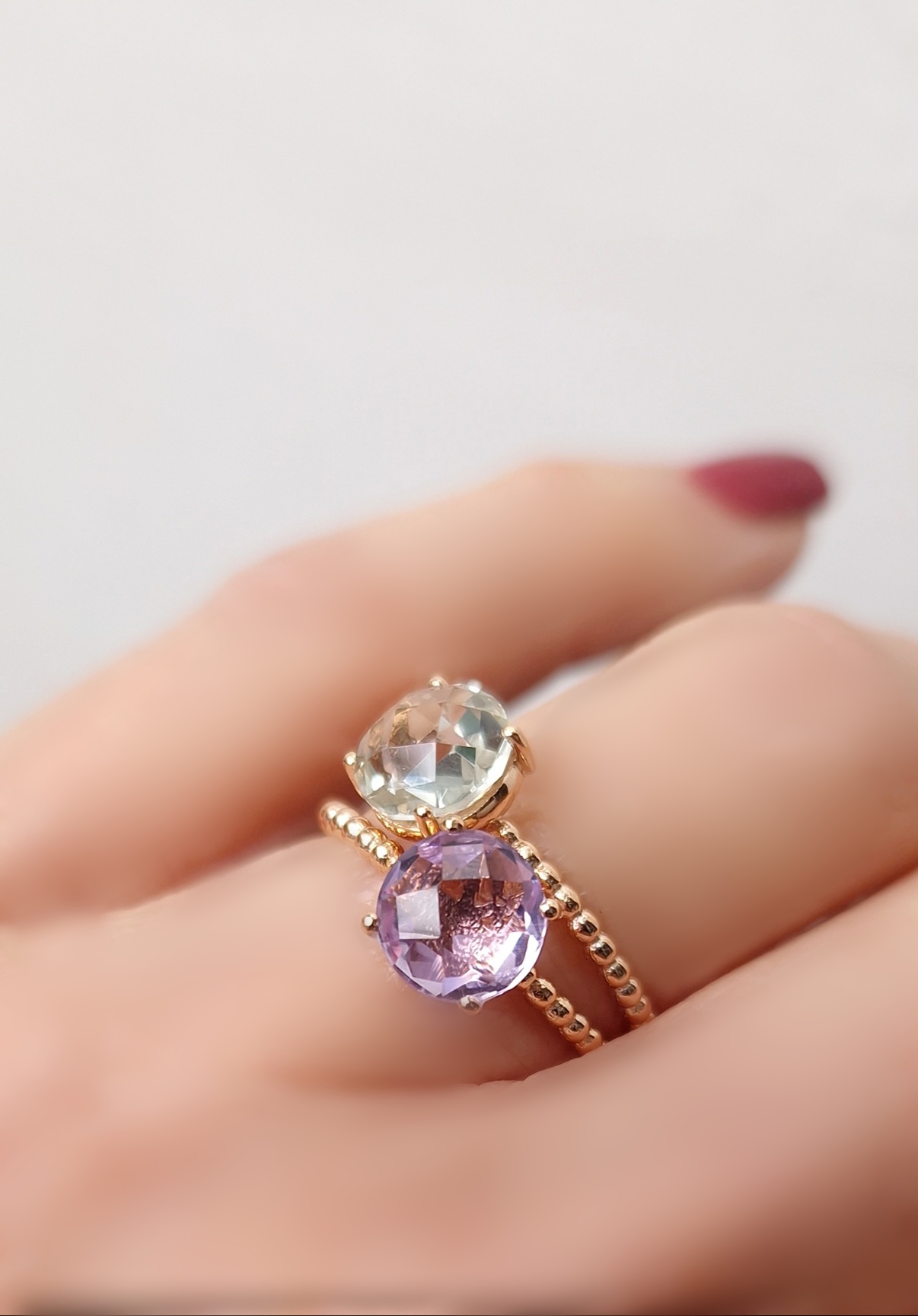 Bagues Pompon améthyste lavande et prasiolite