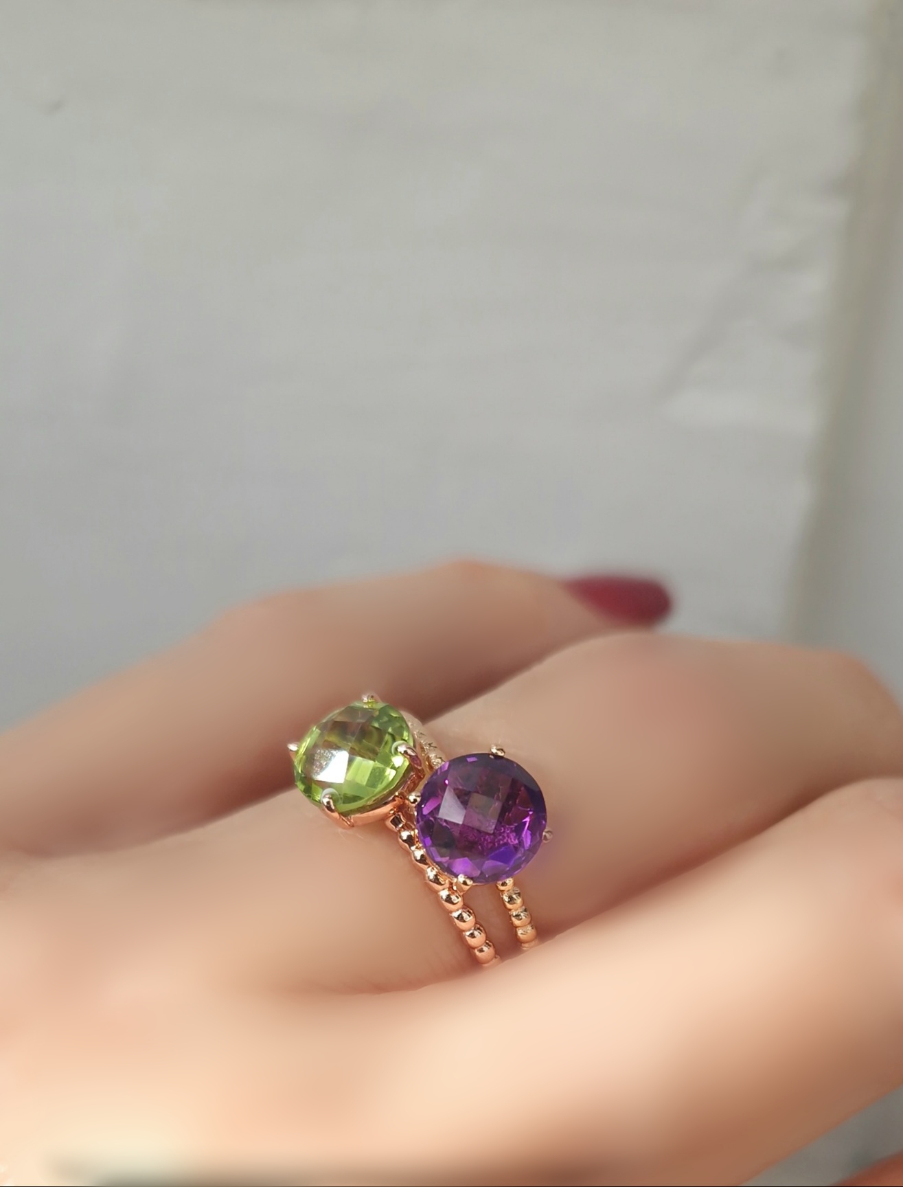 Bagues Pompon améthyste et péridot