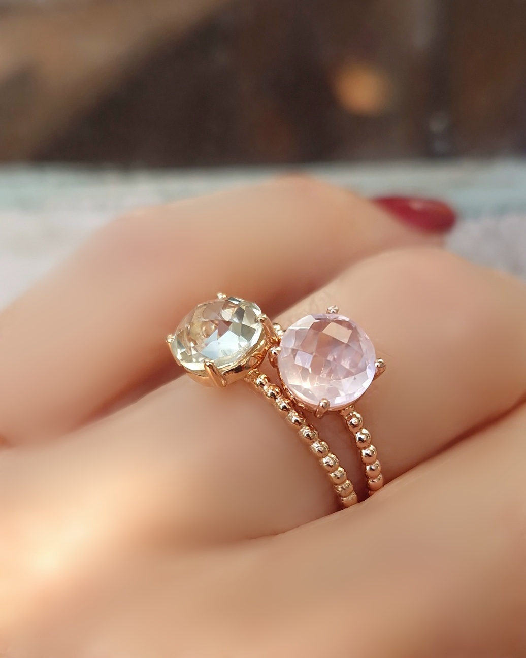 Bagues Pompon prasiolite et quartz rose