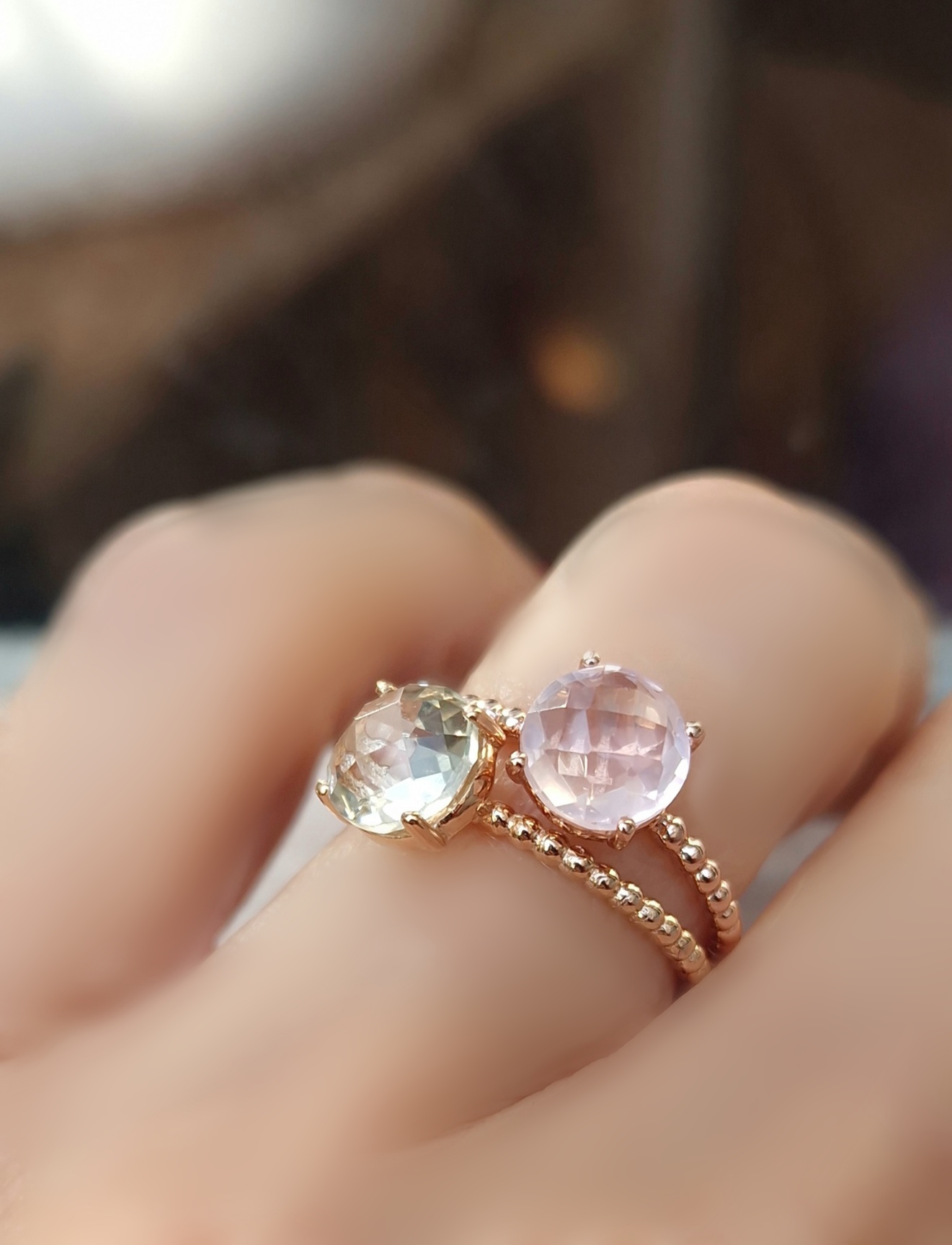 Bagues Pompon prasiolite et quartz rose