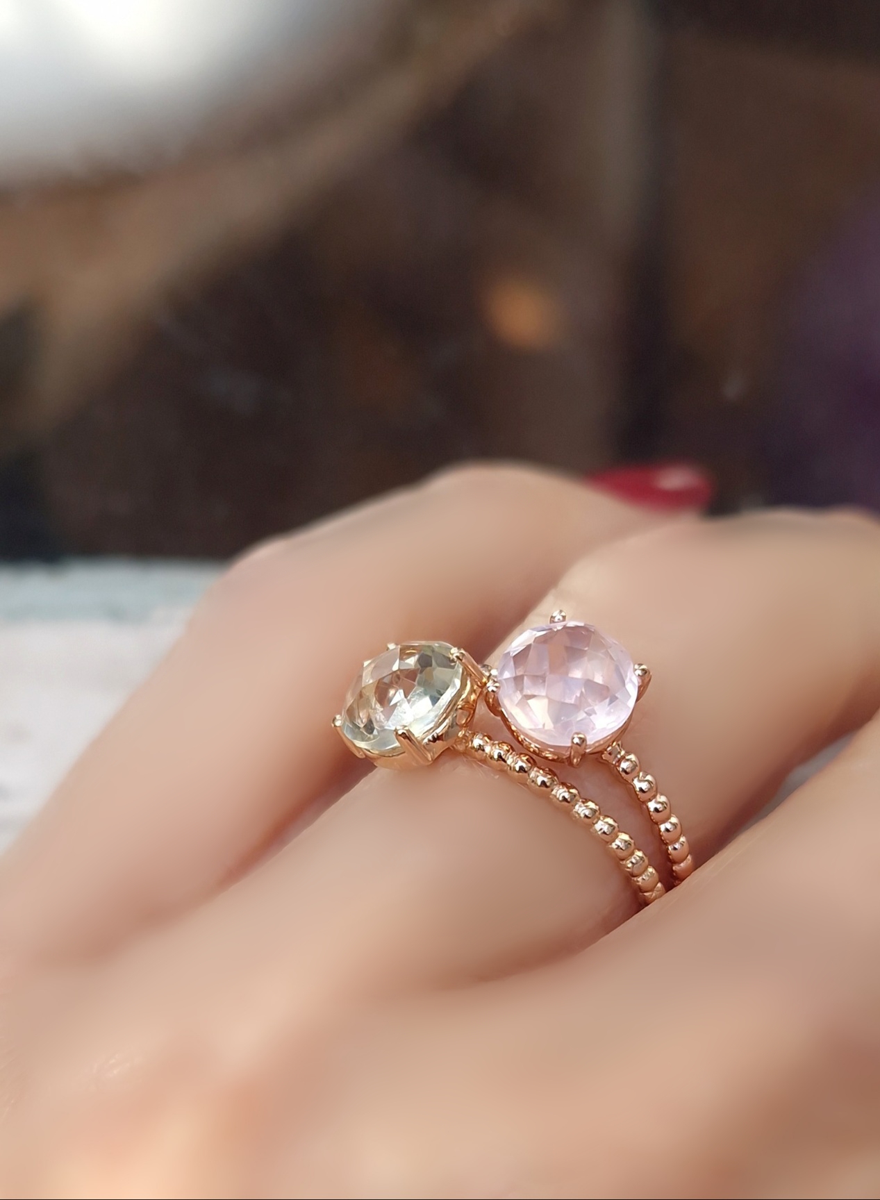 Bagues Pompon prasiolite et quartz rose