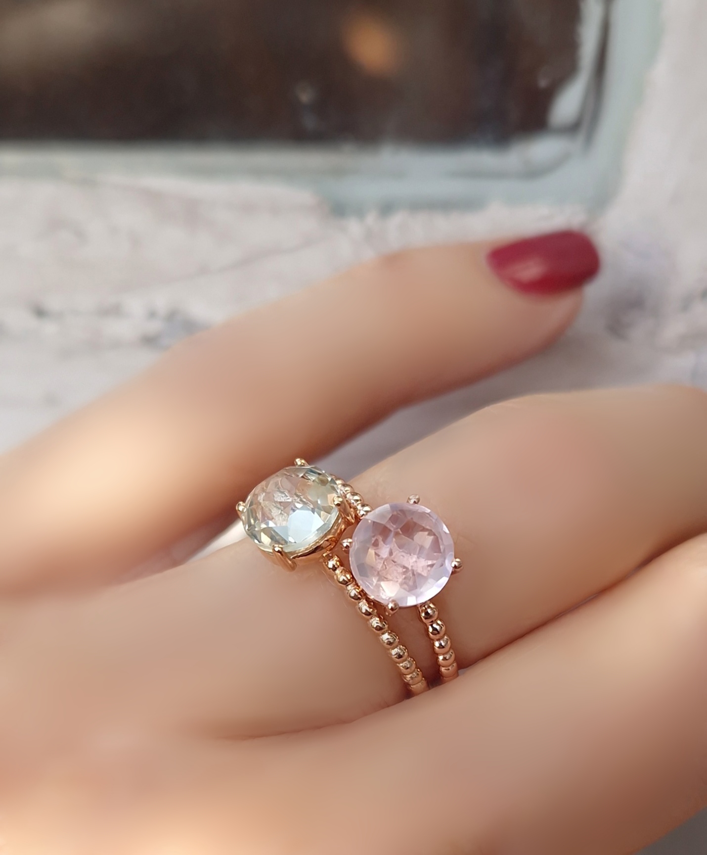 Bagues Pompon prasiolite et quartz rose