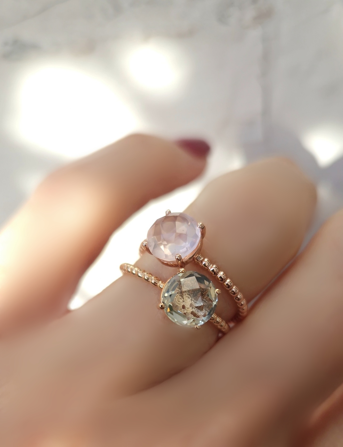 Bagues Pompon prasiolite et quartz rose