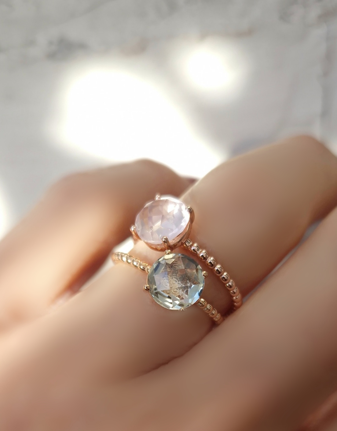 Bagues Pompon prasiolite et quartz rose