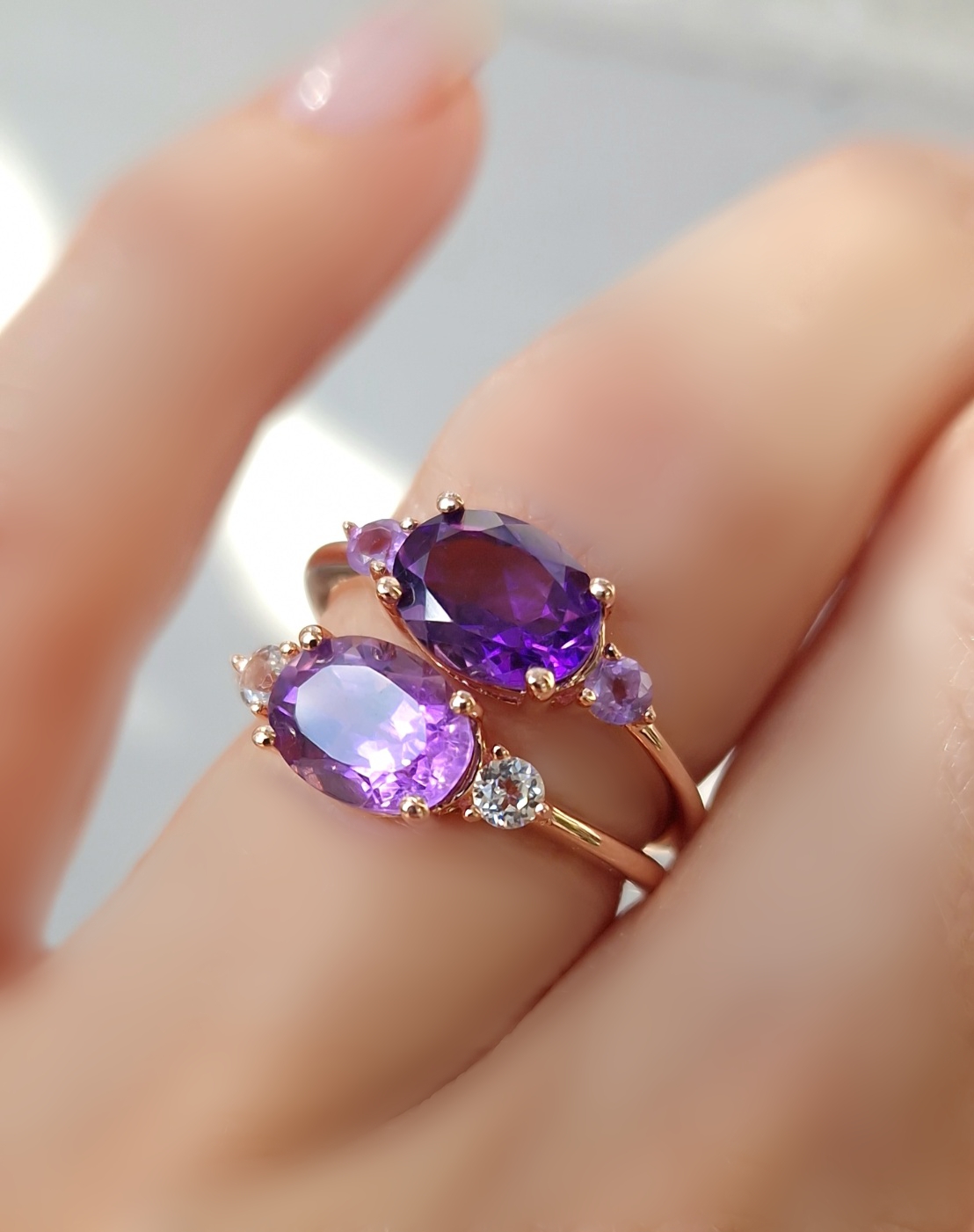 Bagues Délicieuse argent doré or rose, améthyste et améthyste lavande