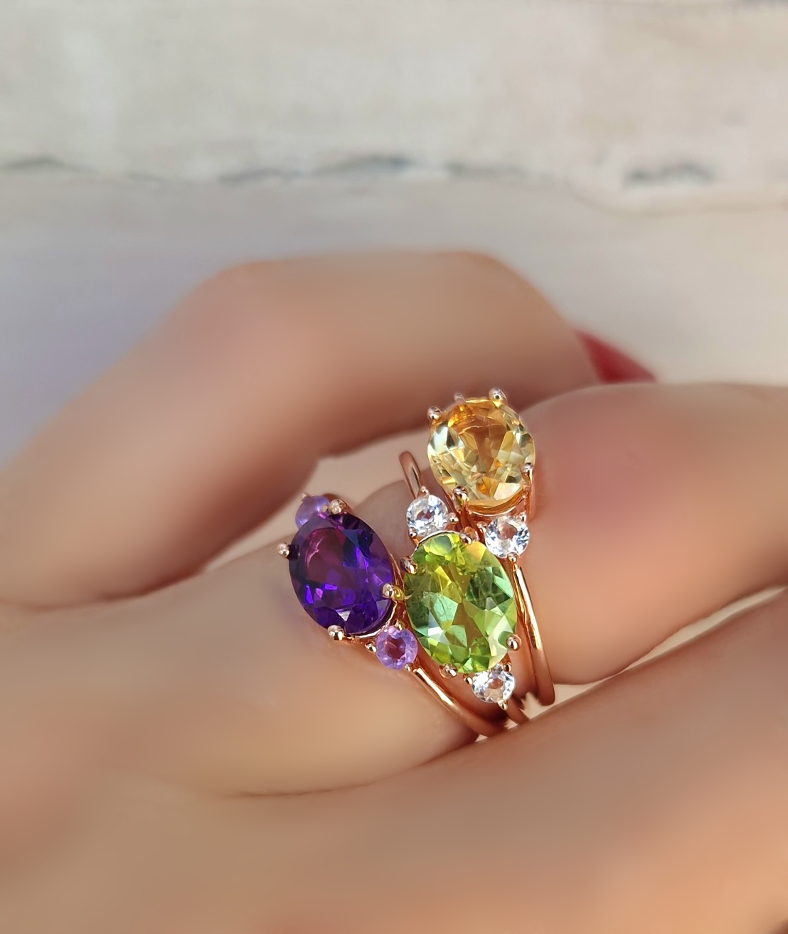 Bagues Délicieuse argent doré or rose, améthyste, péridot et citrine