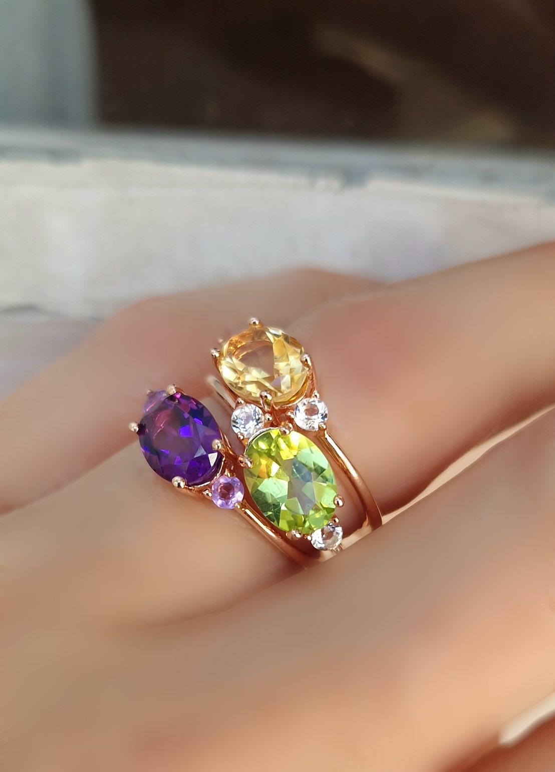 Bagues Délicieuse argent doré or rose, améthyste, péridot et citrine