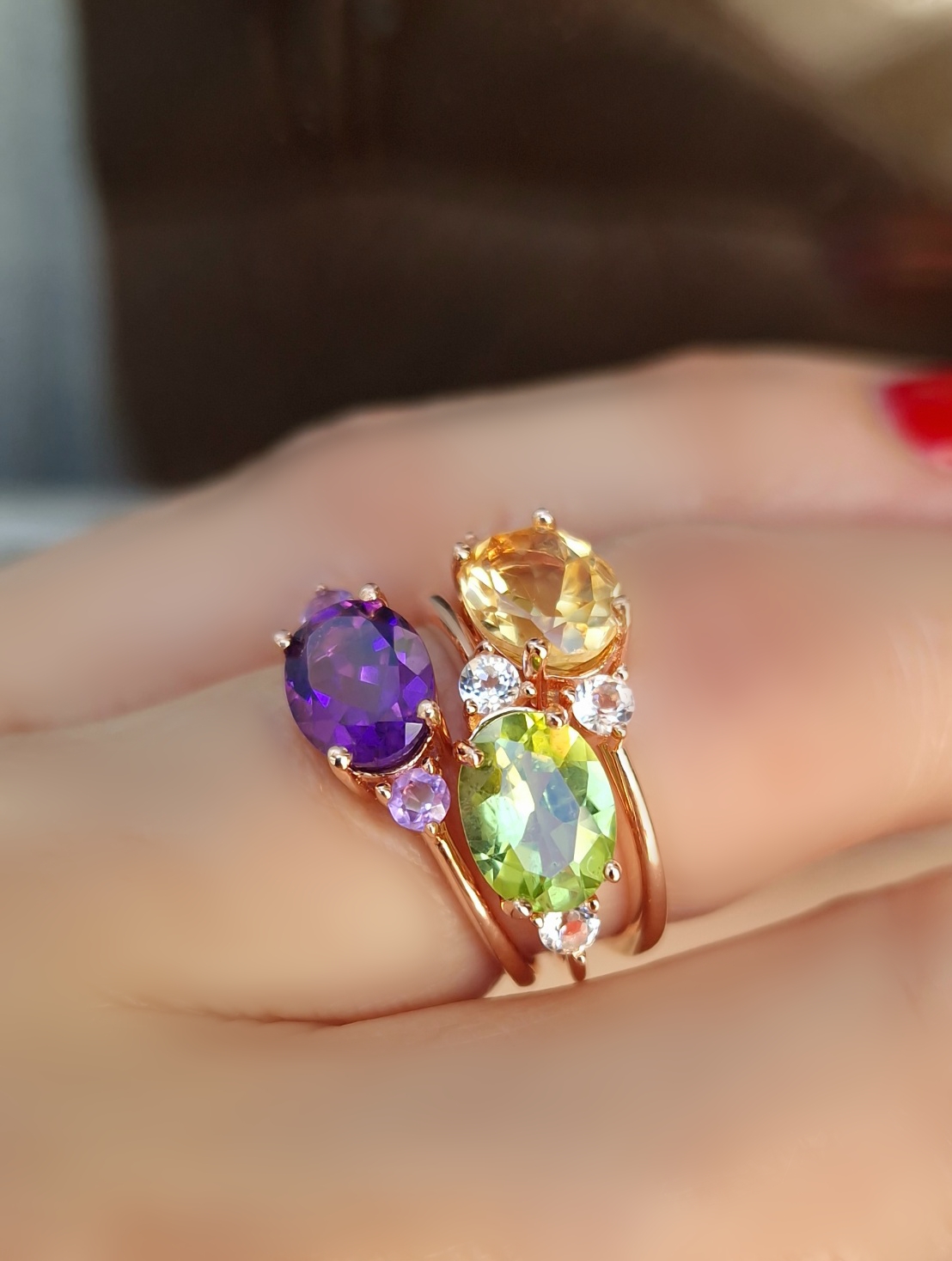 Bagues Délicieuse argent doré or rose, améthyste, péridot et citrine