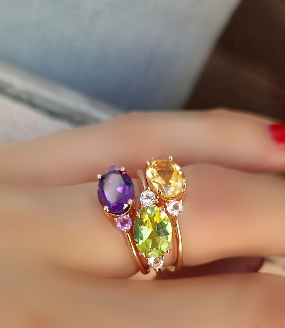 Bagues Délicieuse argent doré or rose, améthyste, péridot et citrine