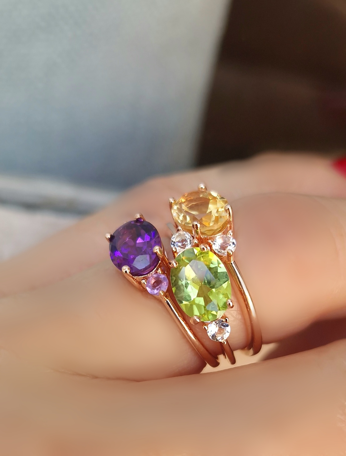 Bagues Délicieuse argent doré or rose, améthyste, péridot et citrine