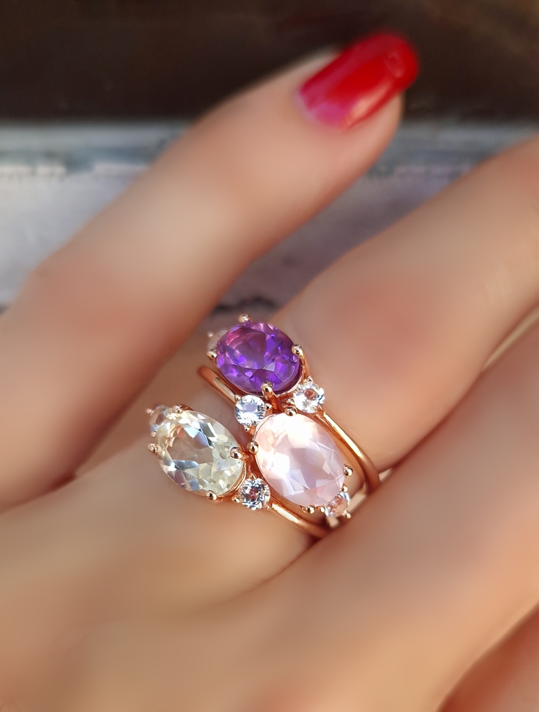 Bagues Délicieuse argent doré or rose, améthyste lavande, quartz rose et prasiolite