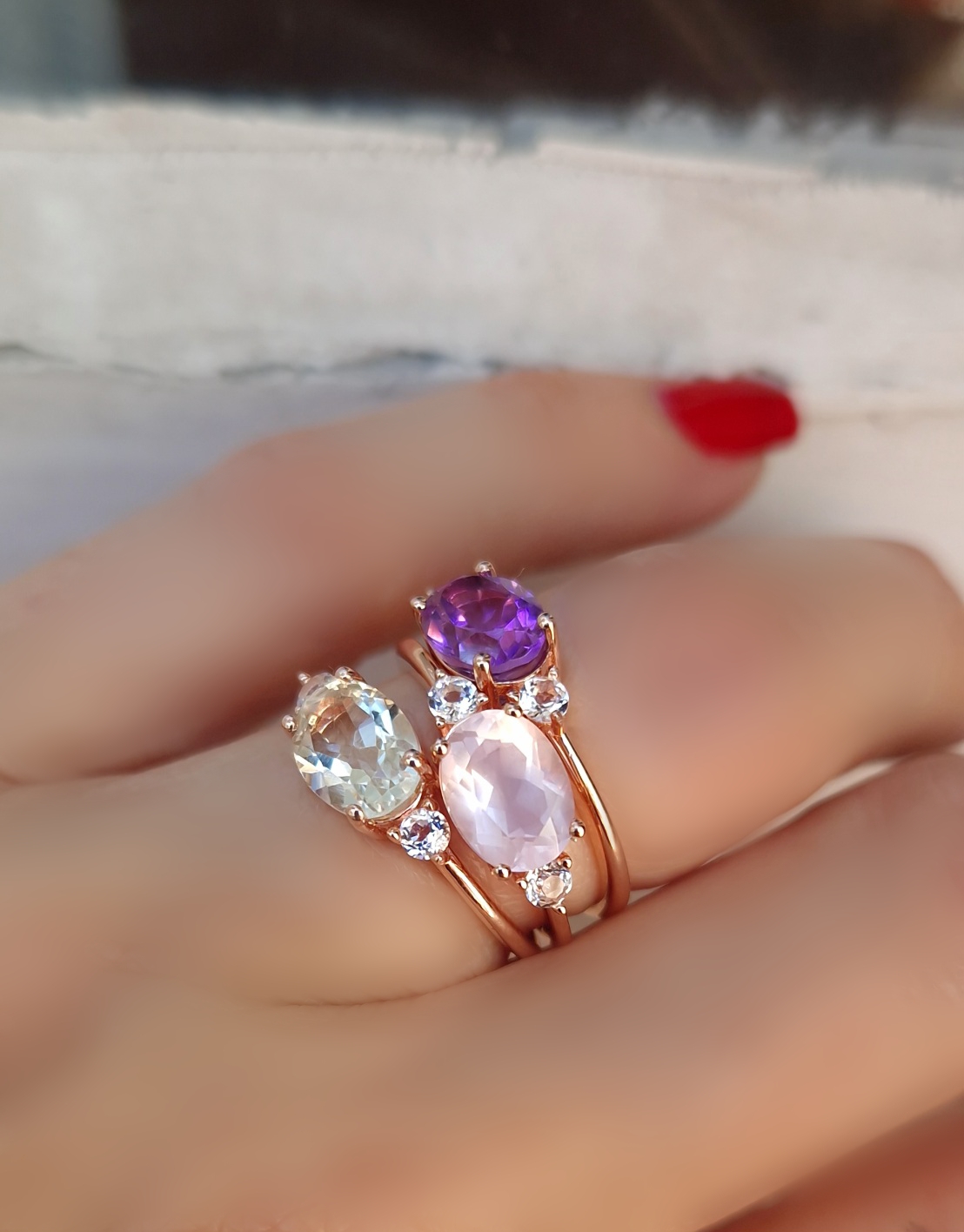 Bagues Délicieuse argent doré or rose, améthyste lavande, quartz rose et prasiolite